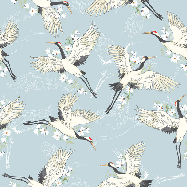 Decorative kimono floral motif background pattern with crane and flowers vector illustration - Wektor, obraz