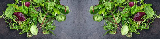 salade groene bladeren mix microgroen sappige snack klaar eten op de tafel gezonde maaltijd bovenaanzicht kopiëren ruimte voedsel achtergrond  - Foto, afbeelding