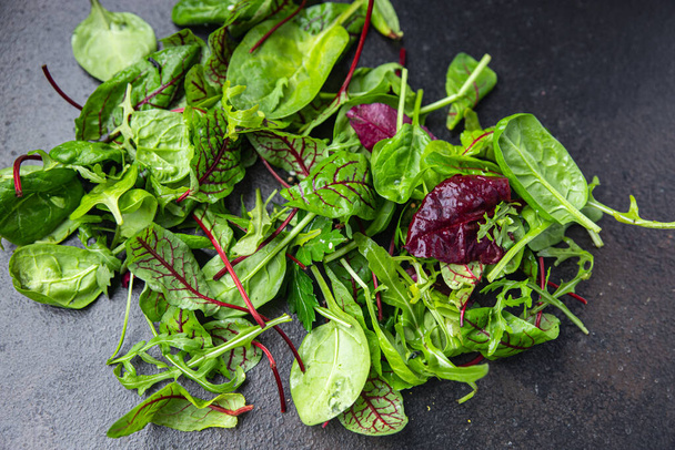 salad green leaves mix microgreen juicy snack ready eat on the table healthy meal top view copy space food background  - Photo, Image