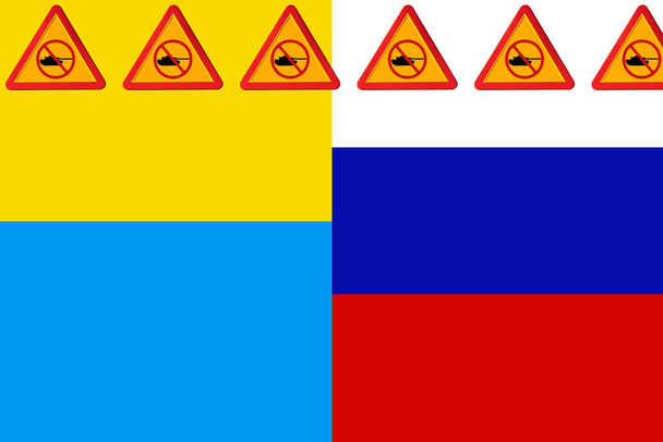 На задньому плані напис "Небезпечний рух" з військовим танком з забороненим символом, зверху, з жовтим і синім прапором України та білим, синім і червоним прапором Росії.. - Фото, зображення