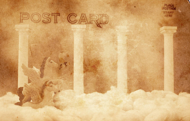 Skrzydlaty koń z chmurami i kolumnami, Vintage Postcard - Zdjęcie, obraz