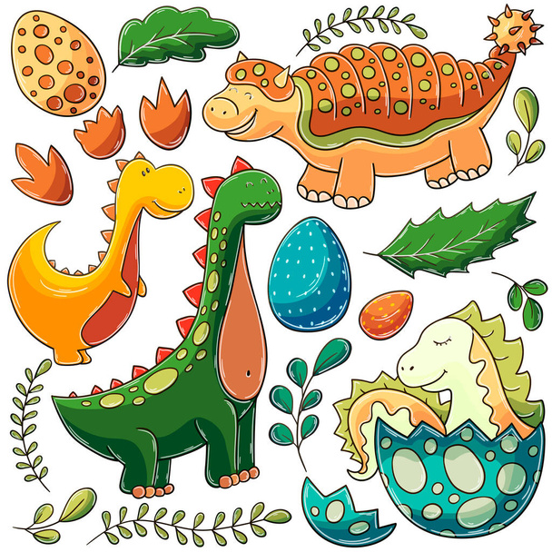 Jurassic-kauden dinosaurukset. Joukko vektorikuvia käsin piirrettyyn tyyliin. Lasten piirustukset, juliste dinosaurusten ystäville. Kuvakkeiden, tarrojen kokoelma - Vektori, kuva