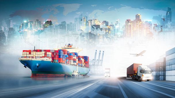 Global business logistics import export and container cargo freight ship, cargo plane, container truck on highway at port shipping dock yard background with copy space, transportation industry concept - Photo, Image