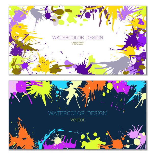 Splashes of paint of different colors. Blots. Bright unusual multicolored colorful watercolor background. Set of two templates - Vetor, Imagem