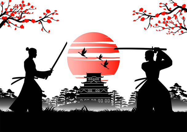 Art japonais avec la conception antique de l'épée d'entraînement de samouraï près du château empereur - Vecteur, image