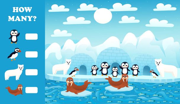 Печатный учебный лист для детей с количеством головоломок, арктических животных дикой природы с полярными медведями, пингвинами, моржом и рыбой, подсчет игр для детских книг в стиле мультфильма - Вектор,изображение