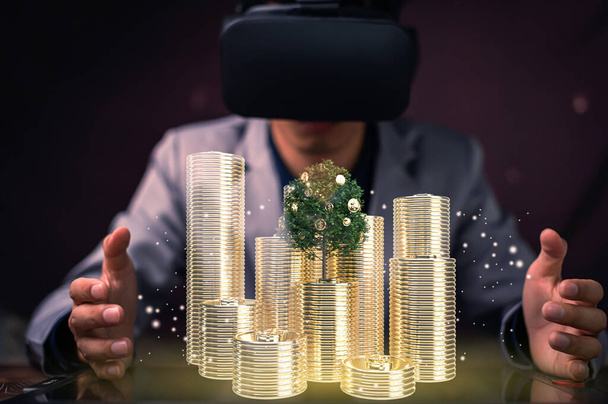 businessman using virtual reality glasses on a dark background - 写真・画像