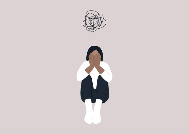 A young female character covering their face with hands, a desperate situation, racism, stress and anxiety, mental health issues - Vector, Imagen