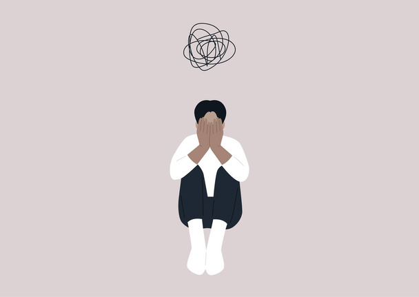 A young male character covering their face with hands, a desperate situation, racism, stress and anxiety, mental health issues - Vector, imagen