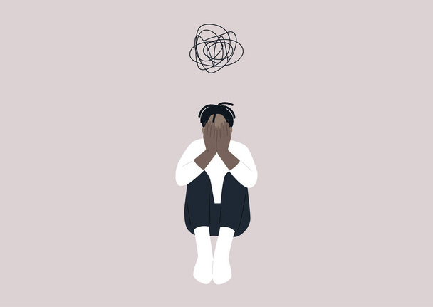 A young male African character covering their face with hands, a desperate situation, racism, stress and anxiety, mental health issues - Vector, Image