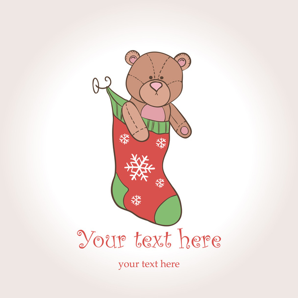 Vector Christmas Card. Teddy Bear in the Sock - Vektor, Bild
