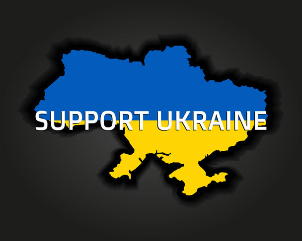Apoya a Ucrania - ilustración vectorial. Mapa ucraniano en los colores de la bandera nacional. Idea conceptual azul y amarilla: apoyar al país ucraniano durante la ocupación rusa. Alto a la guerra - Vector, imagen