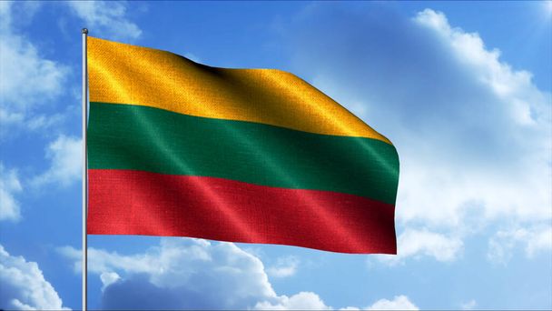 Tricolor flag of Lithuania. Motion. A yellow green and red bottom flag is flying over a blue sky. - Photo, Image