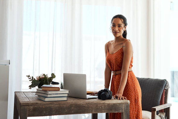 No hard work scares me. Cropped portrait of an attractive young businesswoman standing alone in her home office during a day off. - Фото, изображение