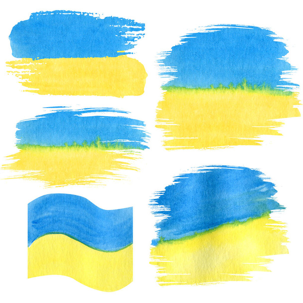 Flaga akwarela Ukrainy kraju ręcznie malowane pędzel ze stylową ukraińską flagą na białym tle. Niebieska i żółta flaga narodowa - Zdjęcie, obraz