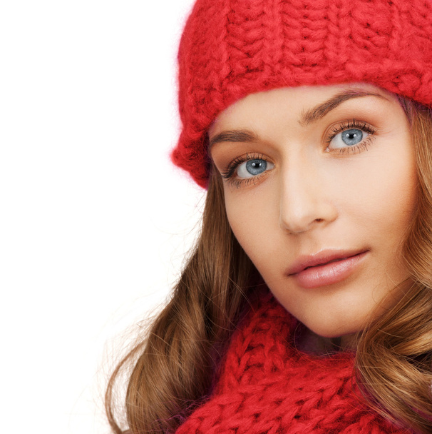 close up of smiling young woman in winter clothes - Foto, immagini