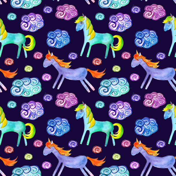 Seamless pattern of watercolor illustrations: unicorns purple and turquoise color with clouds on dark purple background - Fotoğraf, Görsel