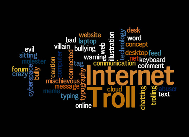 Слово с концепцией Internet Troll, выделенное на чёрном фоне. - Фото, изображение