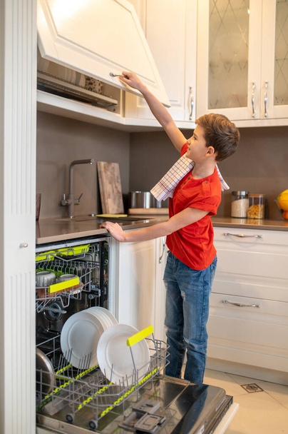 Joyous kid looking at dishware arranged on the dish drainer - Φωτογραφία, εικόνα