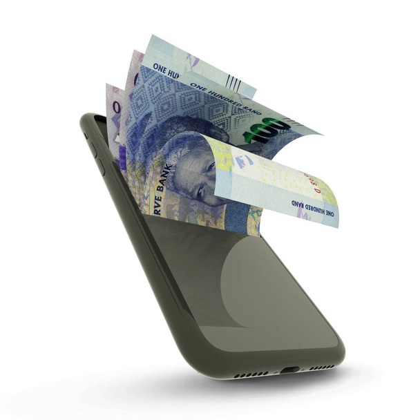 3D рендинг заметок южноафриканского Rand внутри мобильного телефона на белом фоне - Фото, изображение