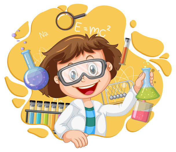 Девушка-ученый персонаж мультфильма с иллюстрацией лабораторного оборудования - Вектор,изображение