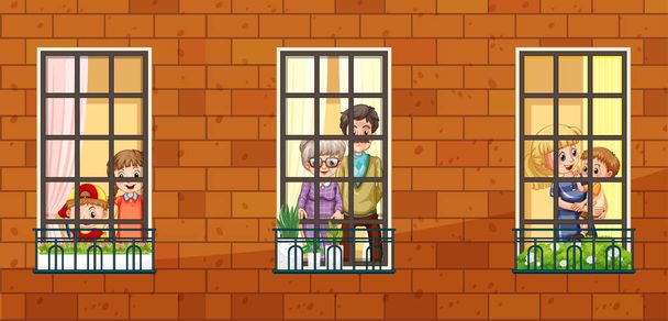 Hausfassade mit Menschen an den Fenstern Illustration - Vektor, Bild