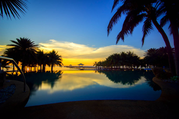 Silhouette coconut palm tree around swimming pool in hotel and resort at sunrise time - Photo, Image