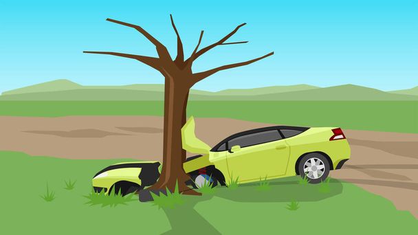 Sport yellow car driving on soil road with green meadow. Had an accident, fell on the side of the road, crashed into a tree in front of the car. - Vector, Image