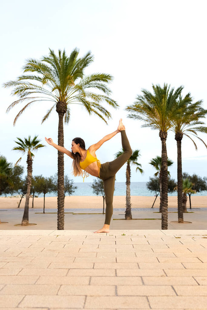 Giovane donna che fa Signore della Danza, Natarajasana posa yoga. Sfondo spiaggia con palme. Immagine verticale. Copia spazio. - Foto, immagini