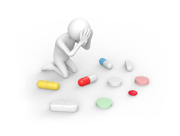 3D Illustration of a cartoon man sitting in front of pills and tablets - Zdjęcie, obraz
