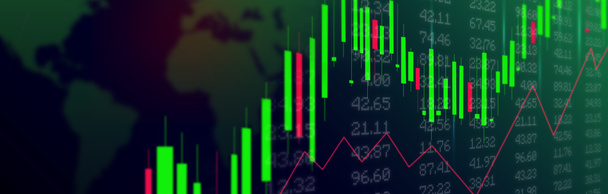 Banner of Stock market grafiek op wereldkaart achtergrond. Kleurrijke technische analyse met kaarsenstaafdiagram grafiek en cijfers. - Foto, afbeelding
