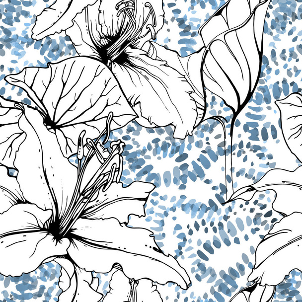 Floral Black and White Seamless Pattern. Modern Artistic Watercolor Print. Fashion Outline Flowers Surface. Botanic Vector Motif on Ink Stains Texture. Drawing Abstract Leaf. Trend Tropic Background. - Fotó, kép