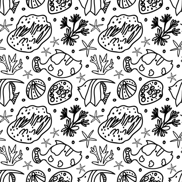 Seamless vector black and white pattern with underwater worlds. Marine repeating ornament on transparent background in doodle style. Design for wrapping paper, fabric, packaging, textiles, wallpaper. - Vector, Image