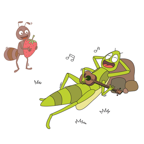 a lazy grasshopper and a dilligent ant - Vector, Image