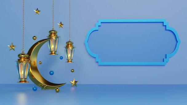 Ramadan Kareem greeting template with arabic lanterns and moon. Podium standing on the background for advertising products - 3d rendering illustration for cards, greetings. - Photo, Image