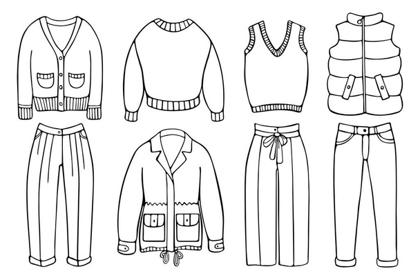 Doodle outline set of clothes for cold weather - Vector, Image