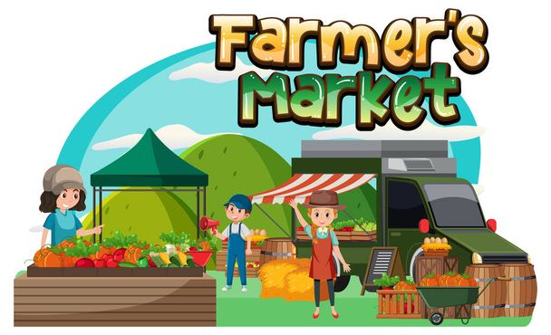 農家の市場のイラストとフリーマーケットの概念 - ベクター画像