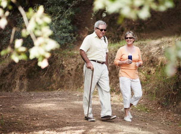 Estirar las piernas en un paseo pausado. Una pareja de ancianos a dar un paseo por el bosque juntos. - Foto, Imagen