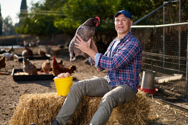 Countryman tenant le poulet brun dans les mains dans le poulailler - Photo, image