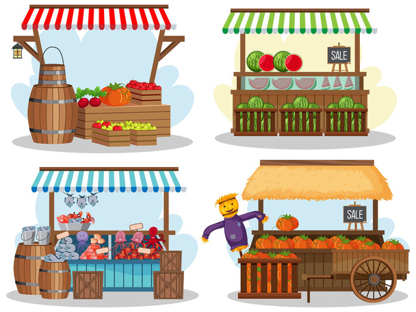 Концепция блошиного рынка с набором иллюстраций для различных магазинов - Вектор,изображение
