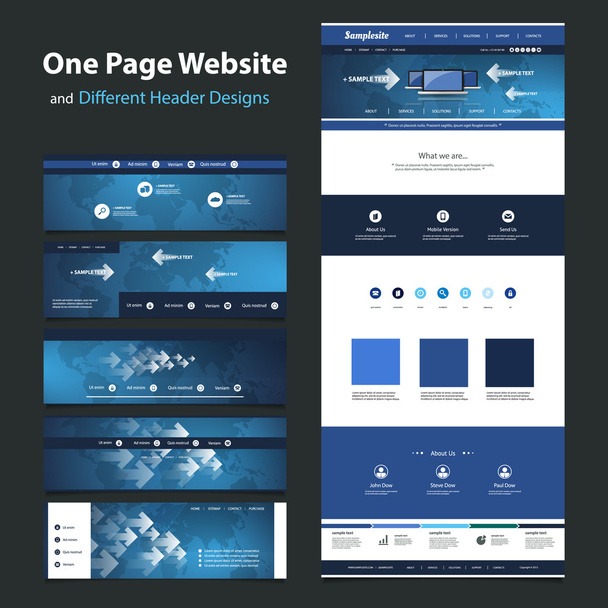 Одна сторінка Шаблон дизайну веб-сайту та різні дизайни заголовків Інтернет, всесвітні зв'язки, глобальні мережі
 - Вектор, зображення