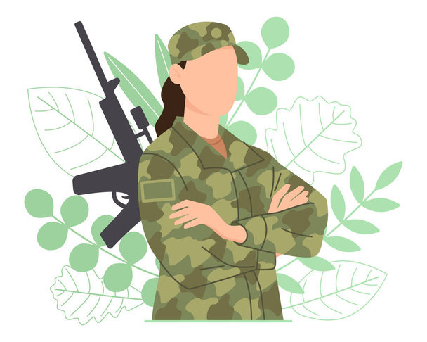 Nainen armeijan vaatteissa vihreillä lehdillä aseen kanssa. Nuori tyttö armeijan sotilaan puvussa. Vektoriesimerkki - Vektori, kuva
