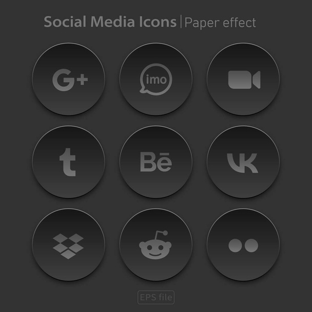 Popular social media oscuro 3d iconos conjunto de efectos de papel - Vector, Imagen