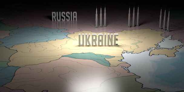 Part of Russia - Ukraine text on map with nuclear weapons. Russian and Europe border. Cracked Ukrainian terrain. Heavily armored military air missiles for defense. Ukraine - Russia War Map concept. - Photo, Image