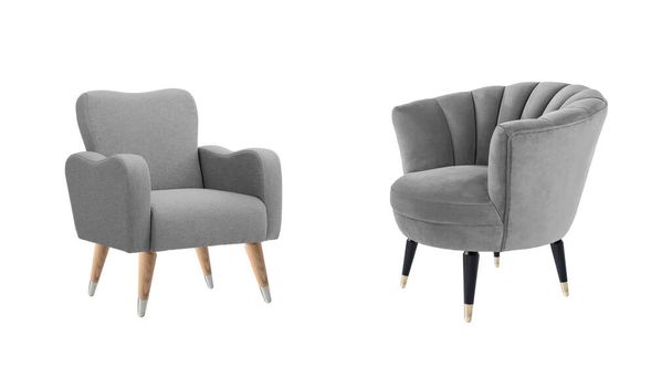 Kaksi klassista nojatuolia art deco tyyliin harmaa sametti puujalat eristetty valkoisella pohjalla leikkausreitillä. Huonekalujen sarja - Valokuva, kuva