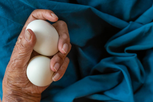 Primer plano de la mano de la anciana La pobre abuela tailandesa sostiene un gran huevo de pato blanco para la cena. claras de huevo puro con las manos de una anciana sana - Foto, Imagen
