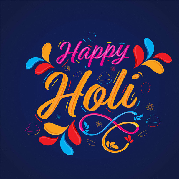 Happy Holi Calligraphy With Colorful Arc Drops And Line Art Powder (Gulal) Bowls On Blue Background. - Vector, imagen