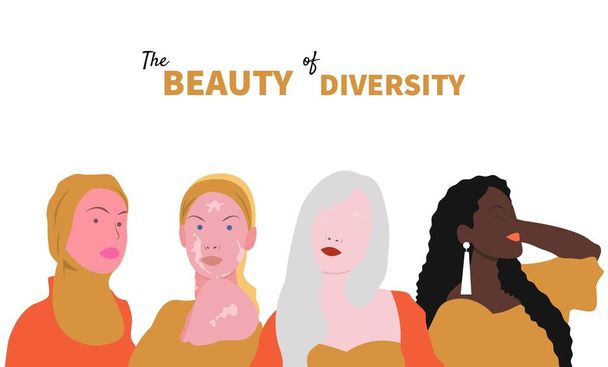 La belleza de la diversidad. Grupo de chicas con diferentes etnias, raza y apariencia. - Vector, imagen
