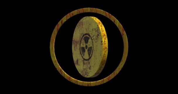 Rusted yellow painted metal radioactive sign spinning. Seamless loop animation - Footage, Video