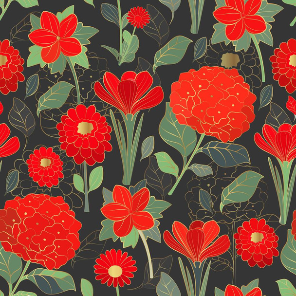  Patrón vectorial sin costuras con flores y plantas rojas sobre un fondo oscuro. - Vector, Imagen